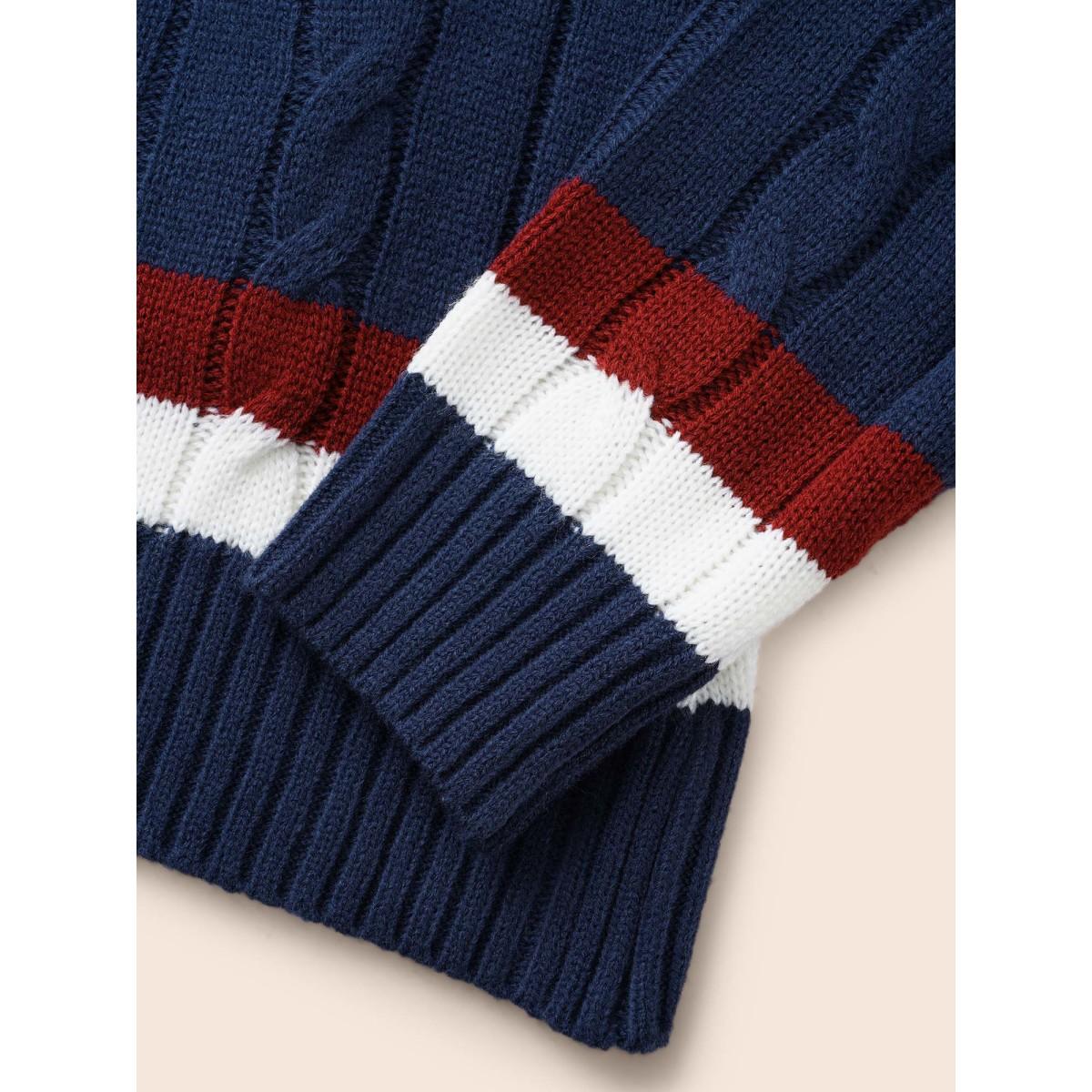 Plus Size Contrast Striped Patch Pocket Cable Knit Cardigan Indigo Women Playful Loose Long Sleeve Casual Cardigans BloomChic 30/6X Product Image