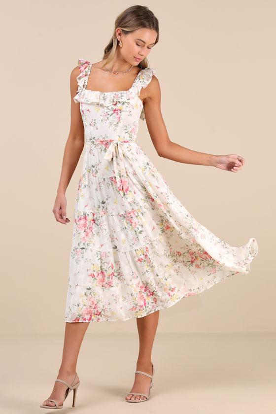 Shela Ivory Floral Jacquard Tiered Midi Dress Product Image