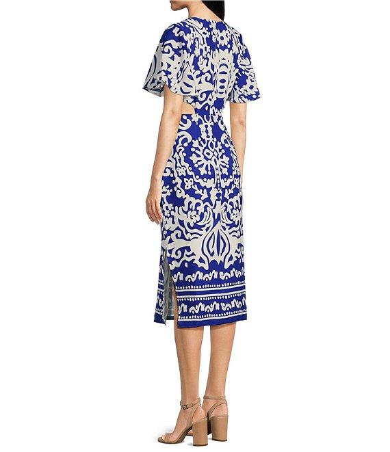 Sugarlips Joelle Mixed Print V-Neck Short Sleeve Front Tie Midi Dress Product Image