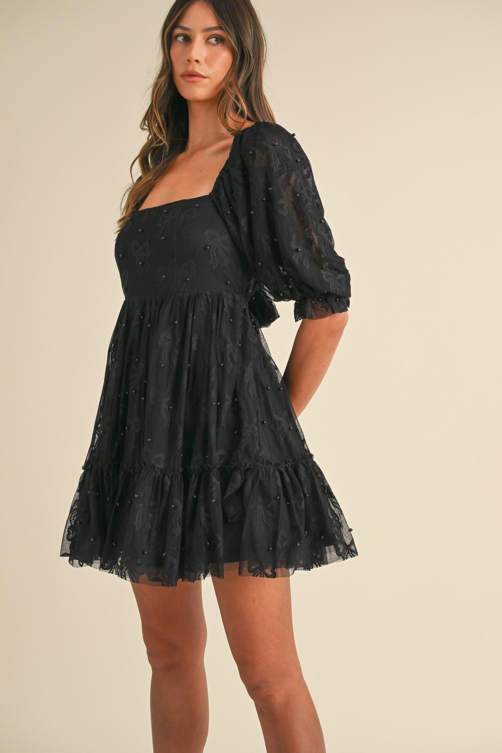 Jacquard Bow & Pearl Detail Mesh Dress Product Image