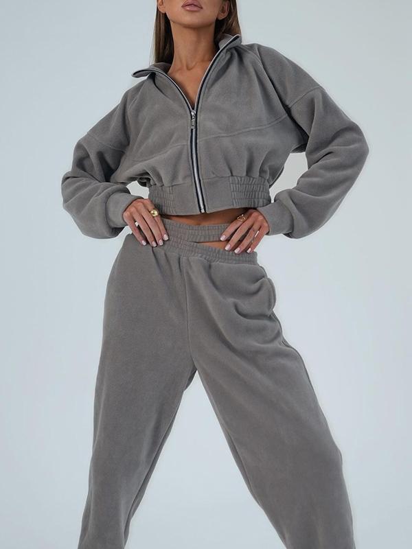 Solid Lapel Neck Zip Up Hoodie & Bound Feet Sweatpants Set Product Image