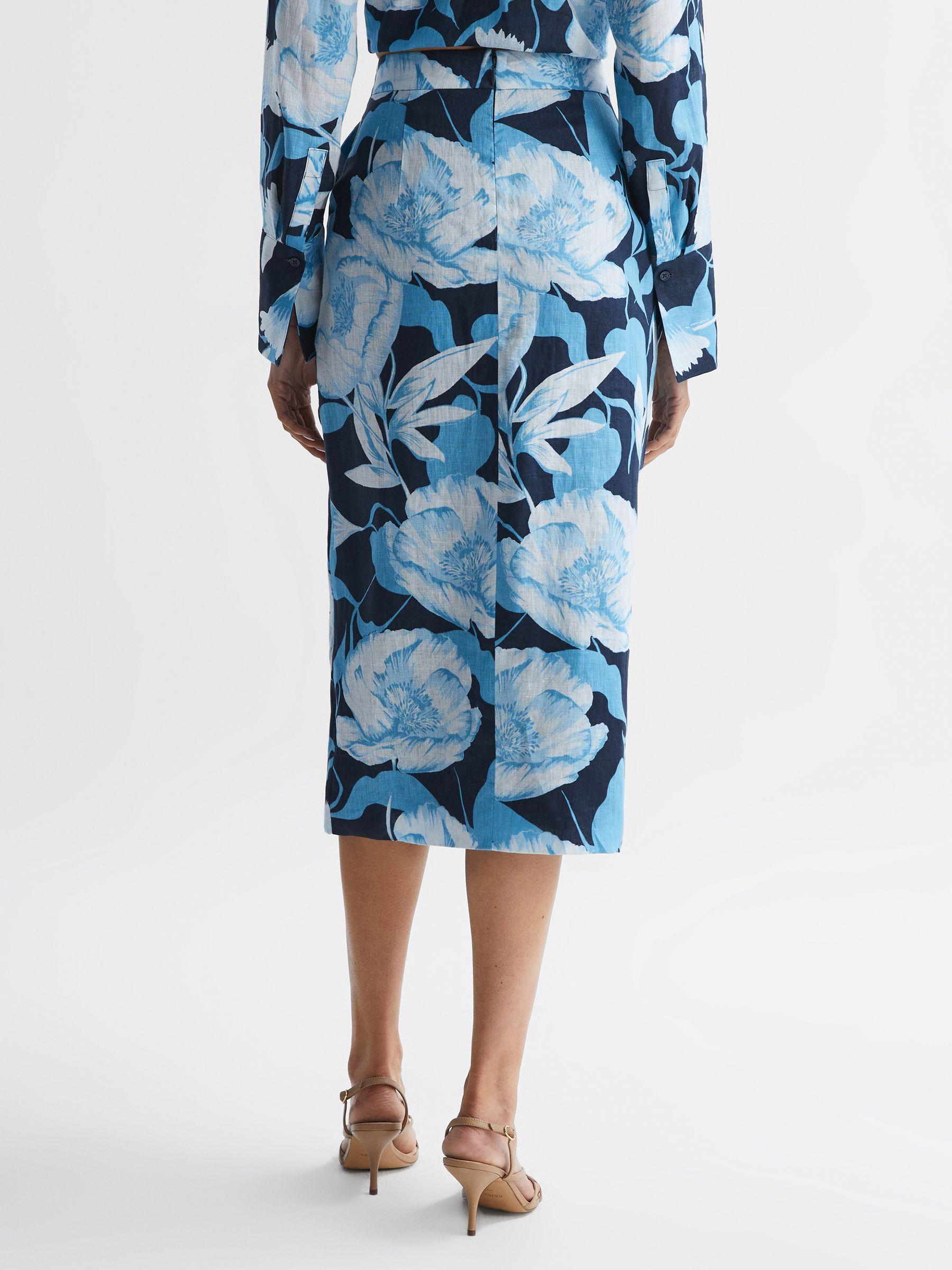 Floral Print High Rise Midi Skirt in Navy/Blue Product Image