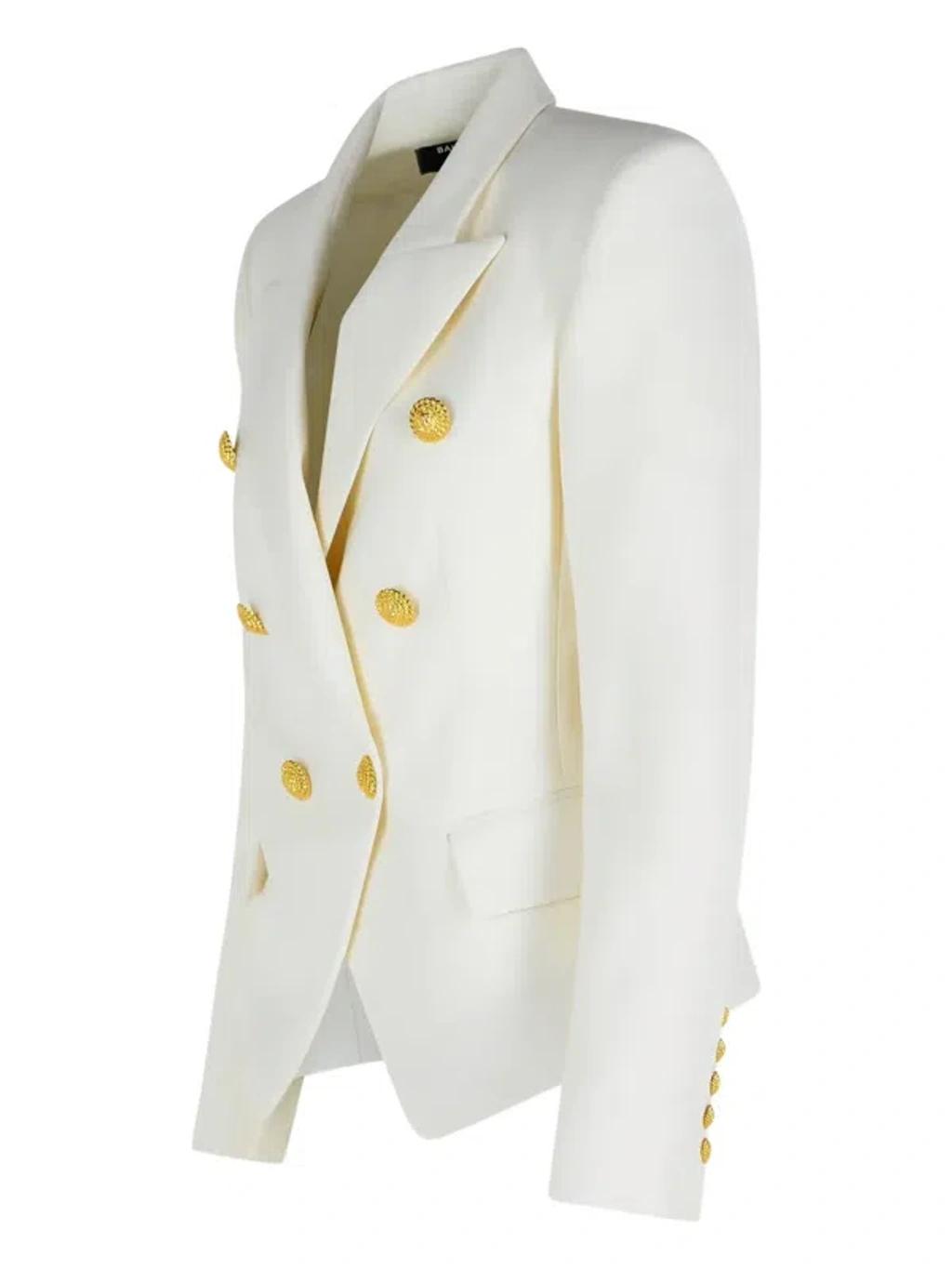 BALMAIN Double-breasted Structured Denim Blazer With Peak Lapel In White Product Image