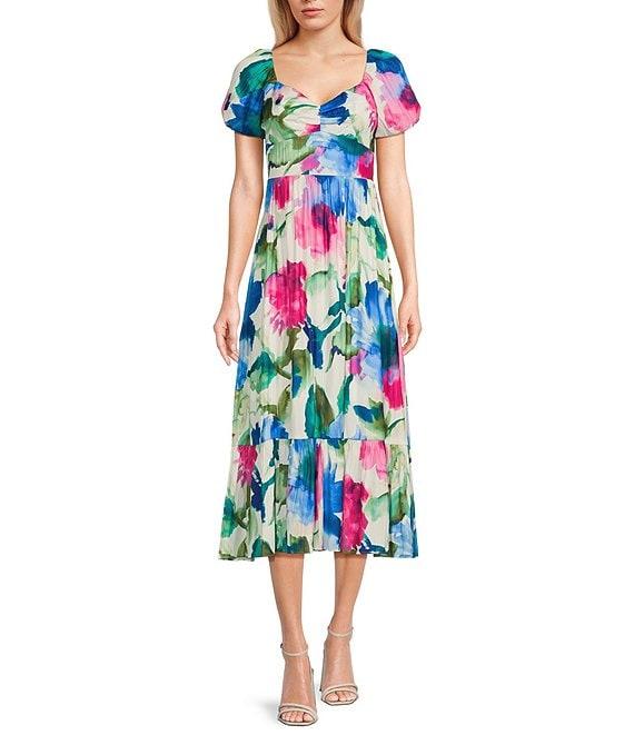 Next Up Printed Short Puff Sleeve Sweetheart Neck Front Twist Tie Back Midi Dress Product Image