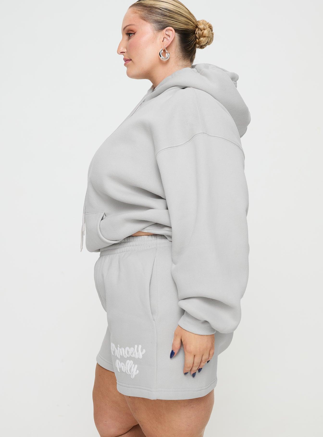 Princess Polly Track Shorts Puff Text Grey Curve Product Image