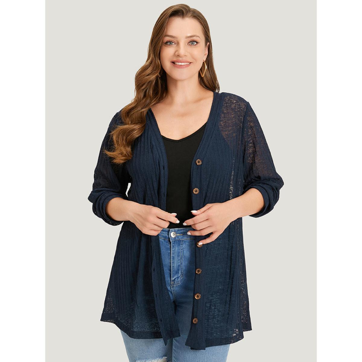 Plus Size Solid Rib Knit Button Through Mesh Kimono Women DarkBlue Casual See through Dailywear Kimonos BloomChic 14-16/1X Product Image