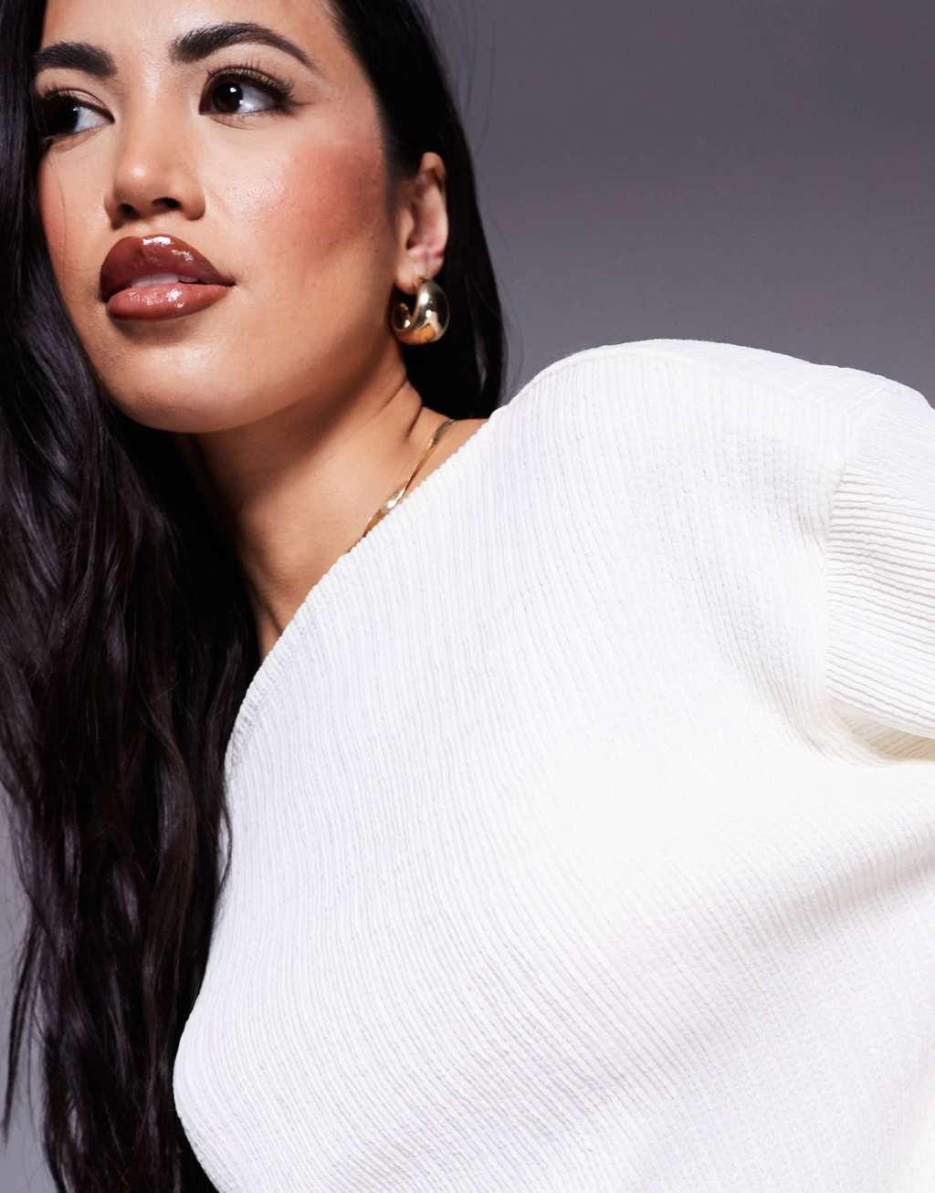 ASOS DESIGN off shoulder long sleeve T-shirt in crinkle white Product Image