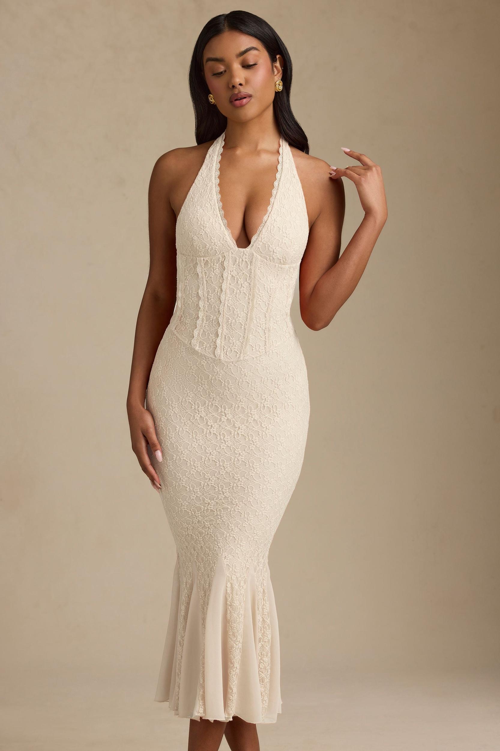 Halterneck Corset Lace Midaxi Dress in Ivory Product Image