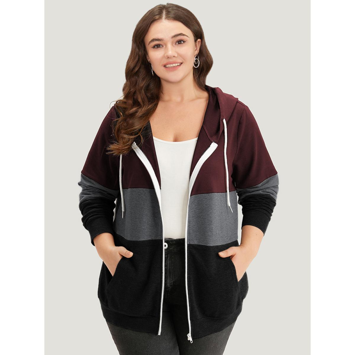Plus Size Colorblock Contrast Drawstring Zipper Hooded Sweatshirt Women Burgundy Casual Contrast Hooded Everyday Sweatshirts BloomChic 22-24/3X Product Image