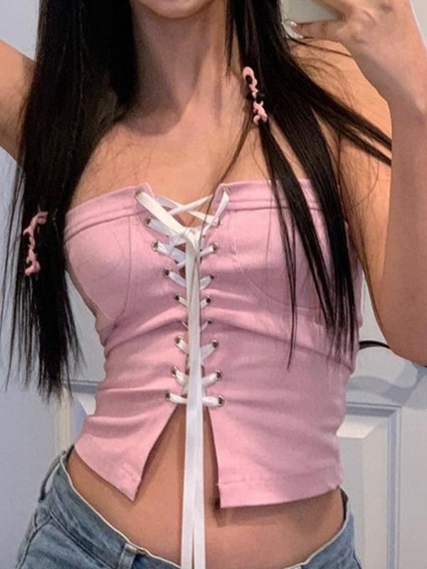 Solid Crossover Tie Up Cropped Bandeau Top Product Image