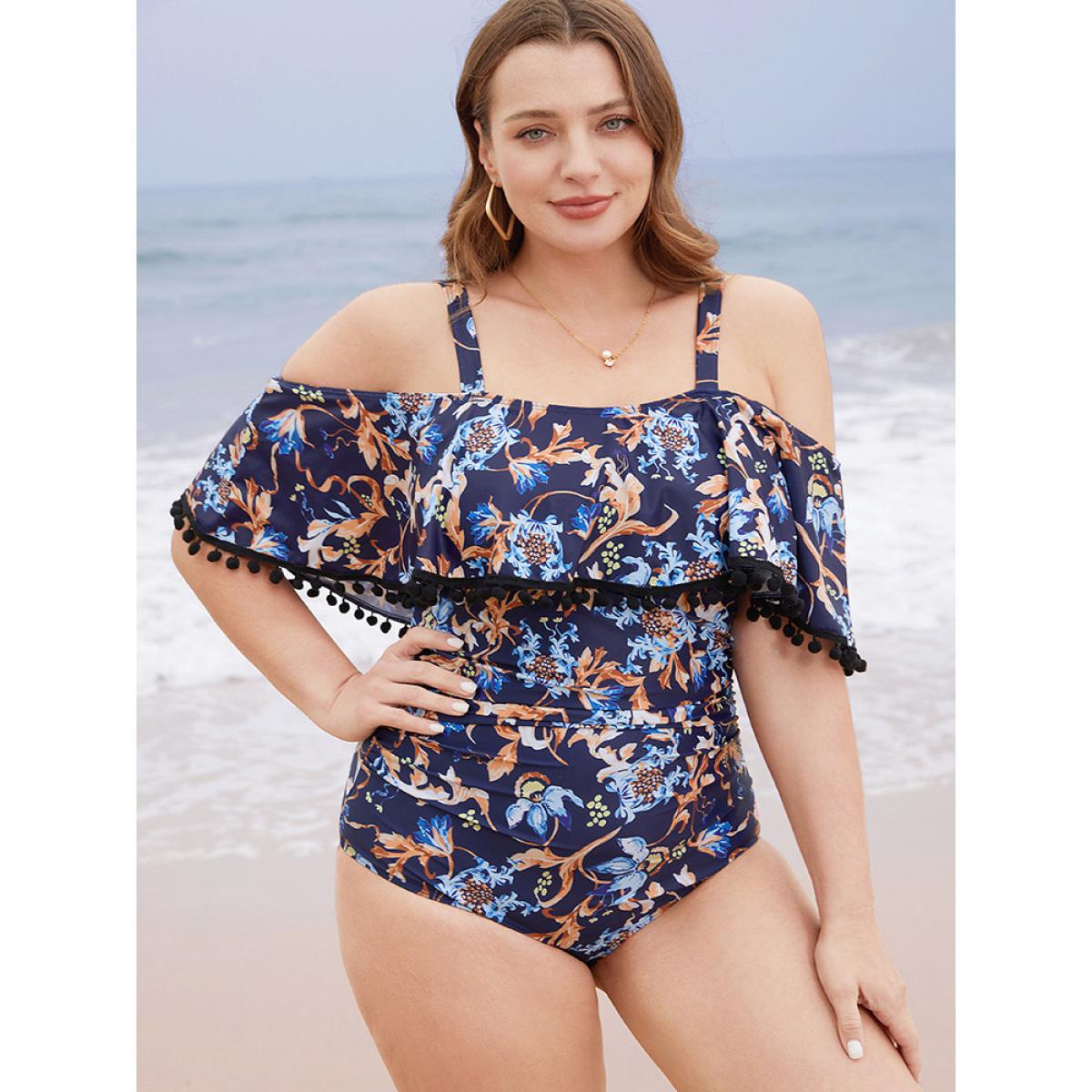 Plus Size Floral Pompom Trim Cold Shoulder One Piece Swimsuit Women's Swimwear Indigo Vacation Adjustable Straps Curve Bathing Suits High stretch One Pieces BloomChic 30/6X Product Image