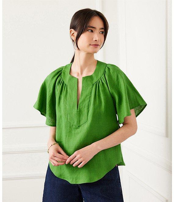 Karen Kane Linen Split V-Neck Short Flutter Sleeve Top Product Image