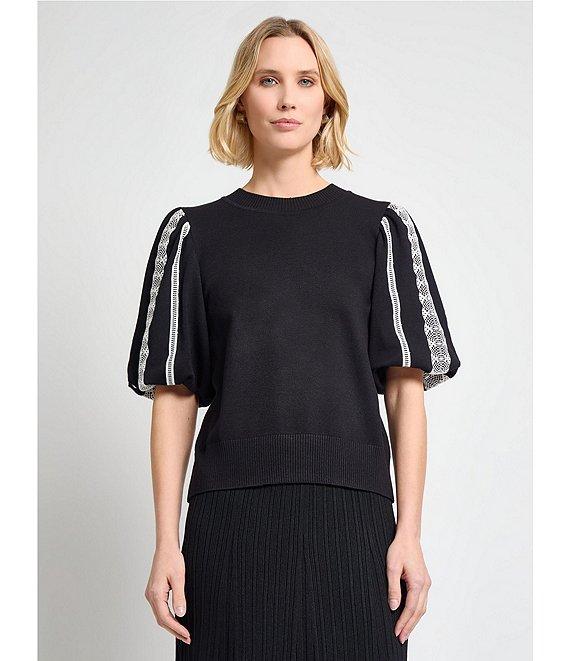 MISOOK Mixed Media Round Neck Lace Short Puff Sleeve Top Product Image