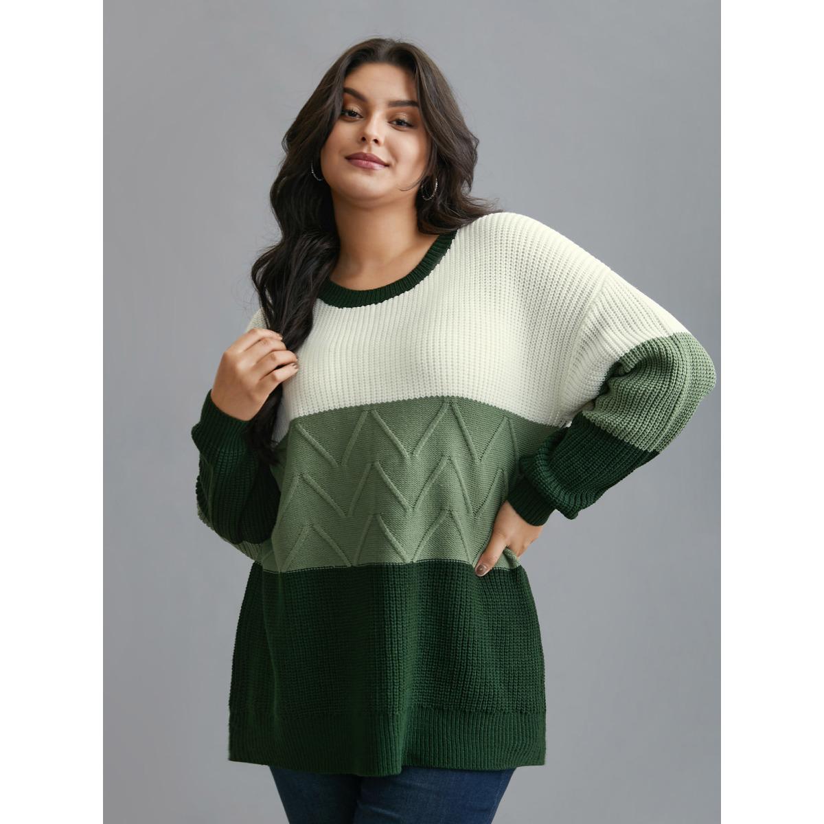 Plus Size Textured Color Block Round Neck Pullover DarkGreen Women Casual Loose Long Sleeve Round Neck Everyday Pullovers BloomChic 14-16/1X Product Image