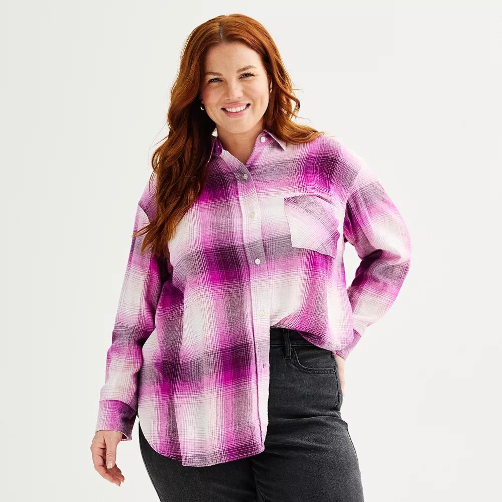 Plus Size Sonoma Goods For Life® Oversized Boyfriend Flannel Shirt, Women's, Size: 1XL, Moss Green Plaid Product Image
