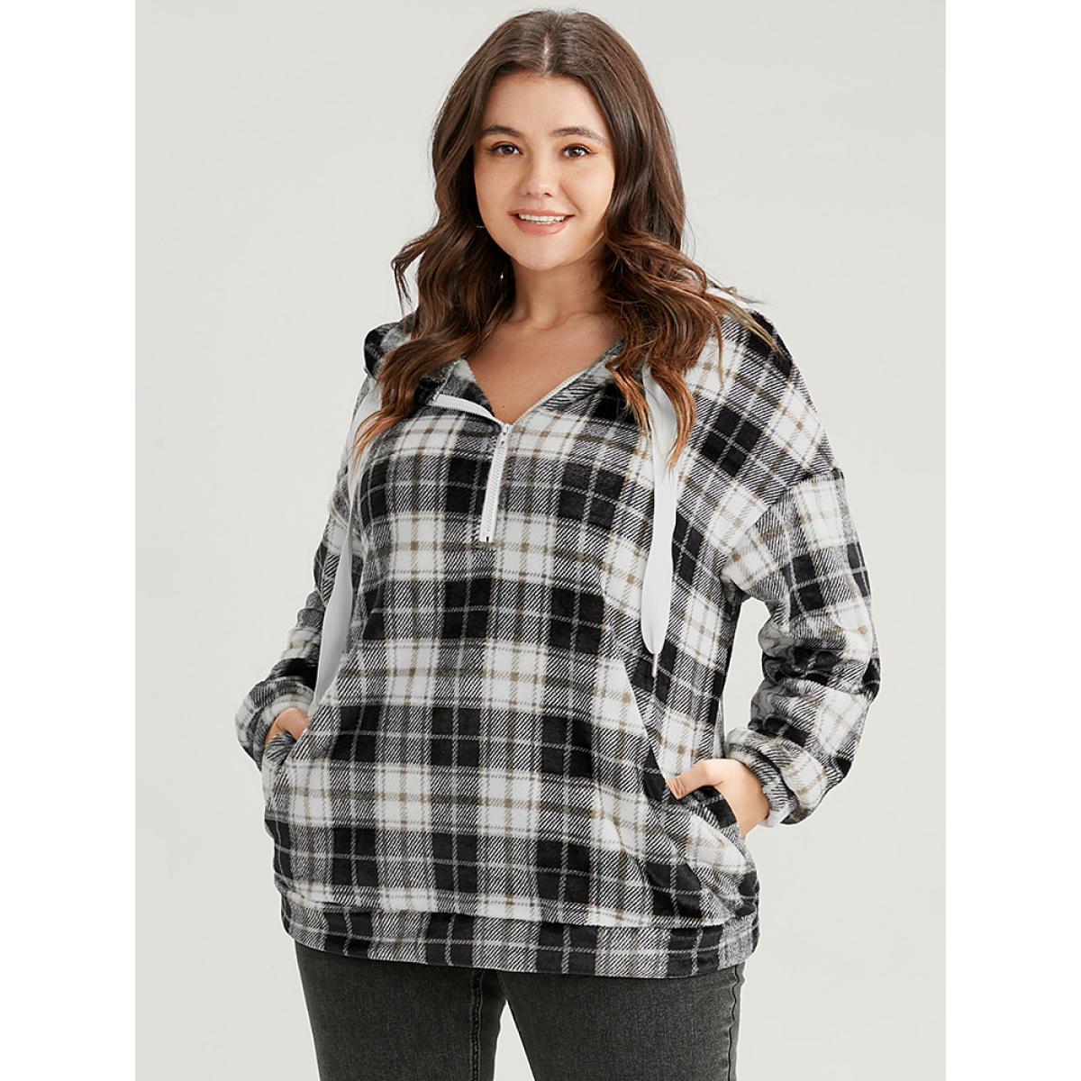 Plus Size Plaid Pocket Half Zipper Drawstring Hooded Sweatshirt Women DarkGray Casual Pocket Hooded Dailywear Sweatshirts BloomChic 10/M Product Image