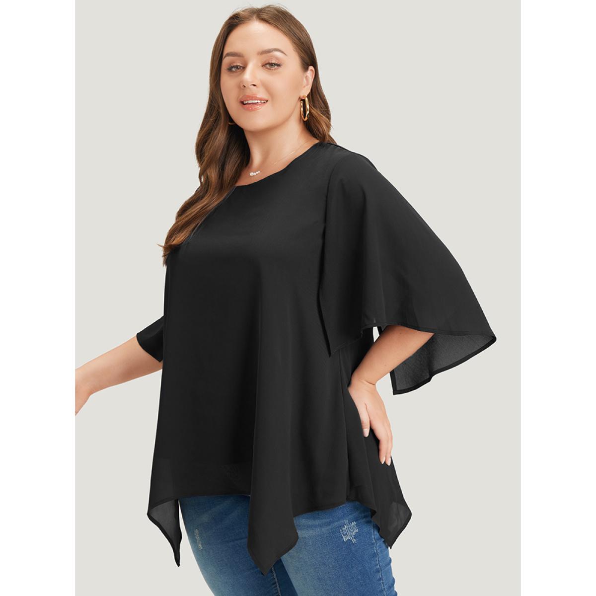 Plus Size Black Plain Mesh Flutter Sleeve Hanky Hem Blouse Women Office Elbow-length sleeve Round Neck Dailywear Blouses BloomChic 14-16/1X Product Image