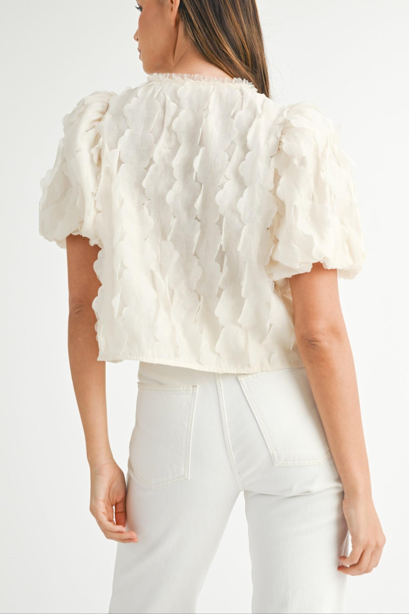 Textured Scallop Puff Sleeve Blouse Top Product Image