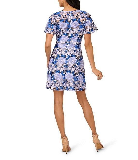Adrianna Papell Illusion Crew Neck Flutter Sleeve Embroidered Lace Sheath Dress Product Image