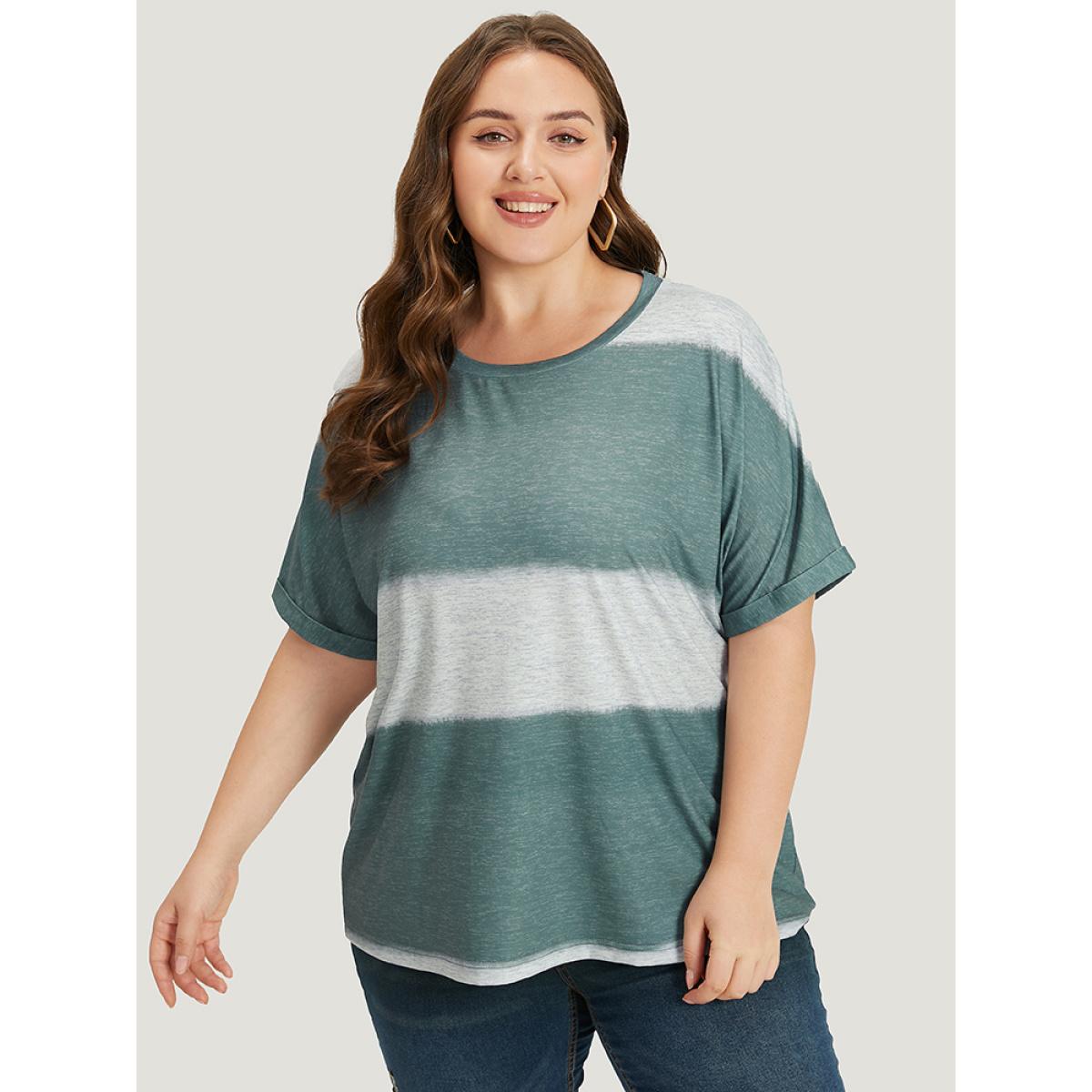 Plus Size Striped Contrast Roll Dolman Sleeve T-shirt DimGray Women Casual Contrast Striped Round Neck Everyday T-shirts BloomChic 30/6X Product Image