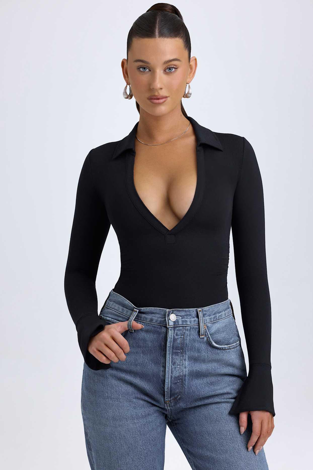 Modal Plunge V-Neck Bodysuit in Black Product Image