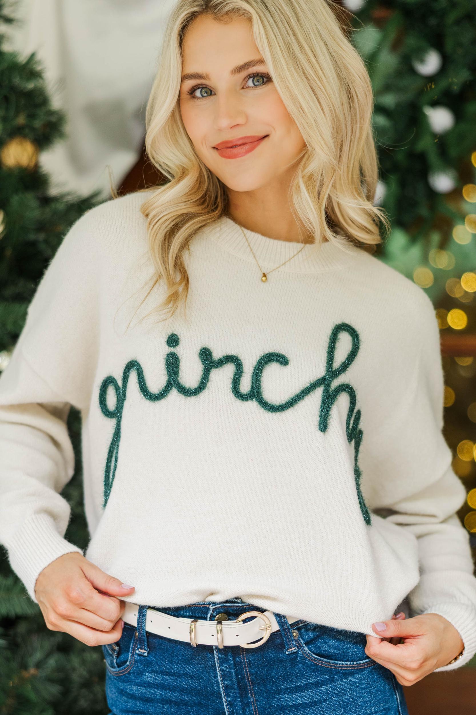 Feeling Grinchy Cream White Script Sweater Female Product Image