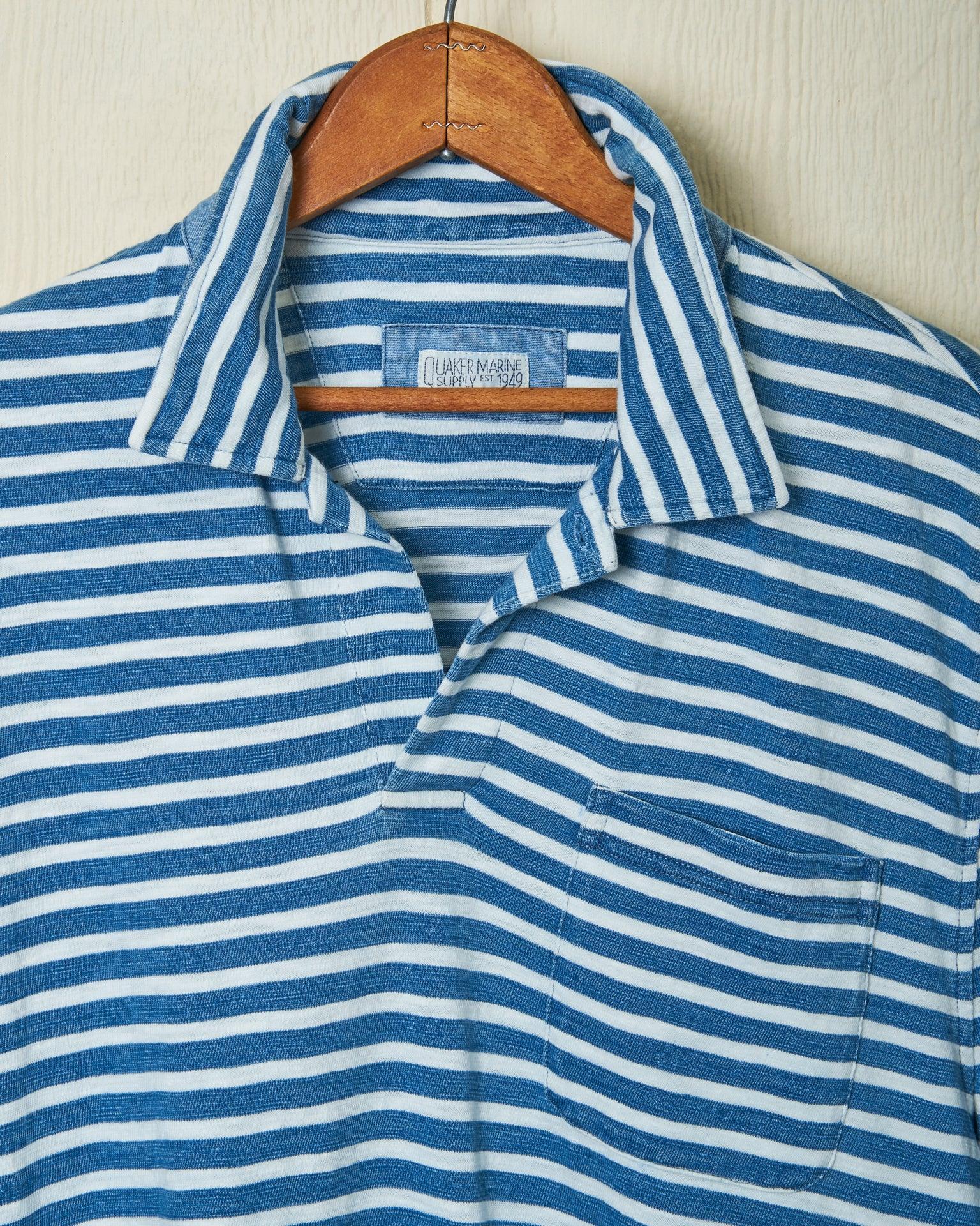 Long Sleeve Indigo Polo in Blue/White Even Stripe Product Image