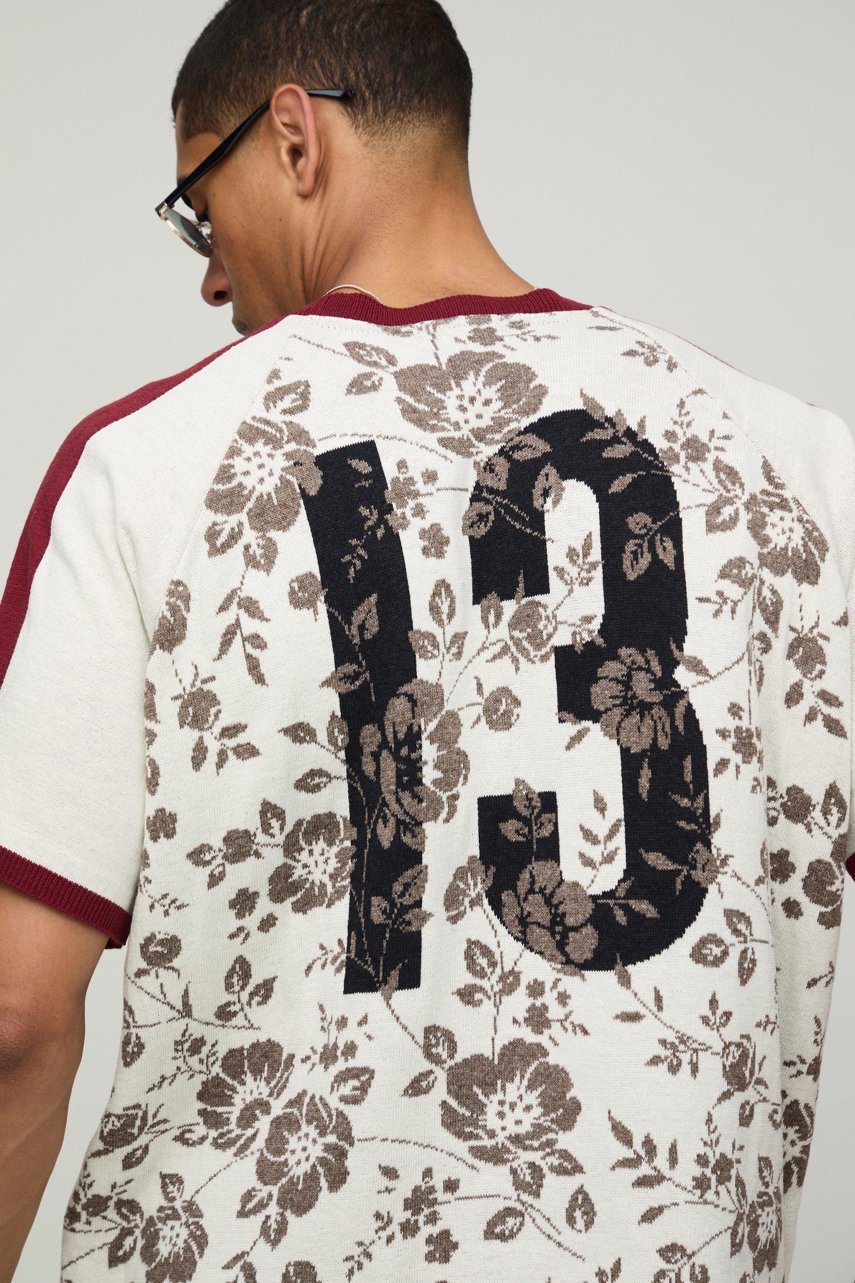 Oversized Boxy Floral Varsity Jacquard Knitted T-shirt | boohooMAN USA Product Image