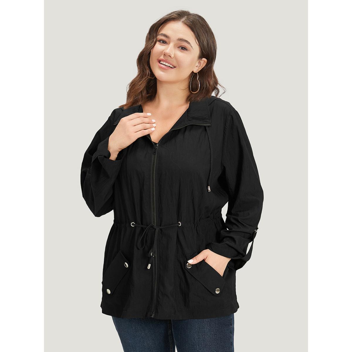 Plus Size Plain Hooded Zipper Drawstring Tab Sleeve Coat Women Black Plain Pocket Everyday Jackets BloomChic 18-20/2X Product Image