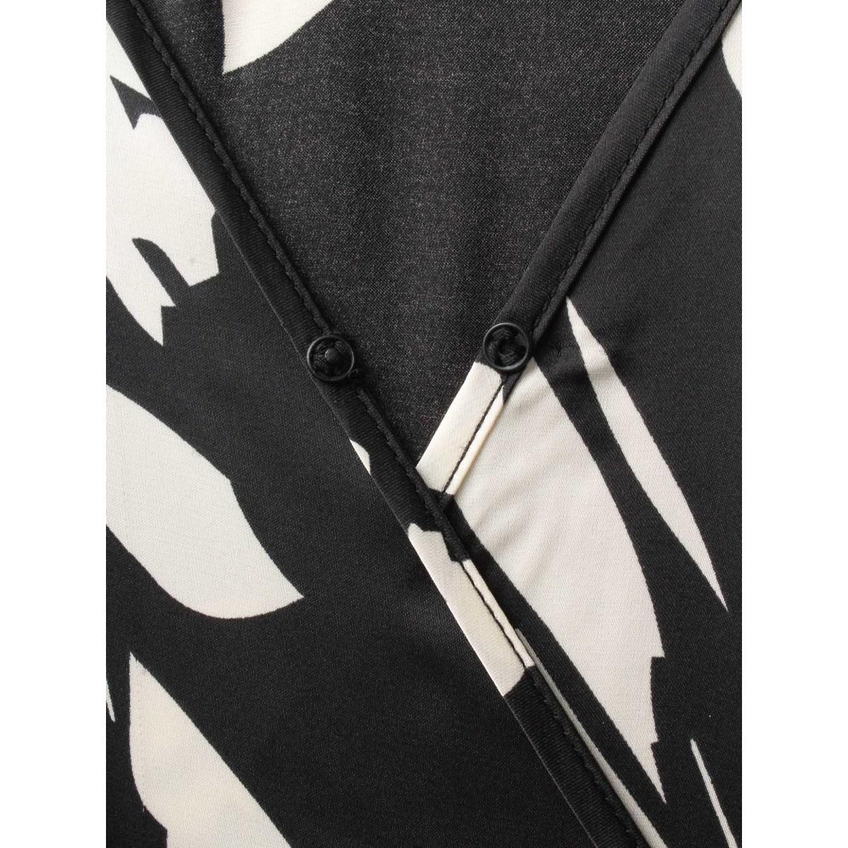 Plus Size Overlap Collar Silhouette Floral Print Gathered Dress Black Women Elegant Slit Overlap Collar Long Sleeve Curvy BloomChic 26/4X Product Image