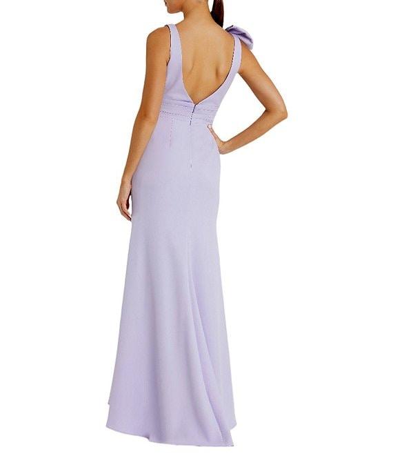 Ieena for Mac Duggal Plunging V-Neck Bow Shoulder Sleeveless Low Back Detail A-line Dress Product Image