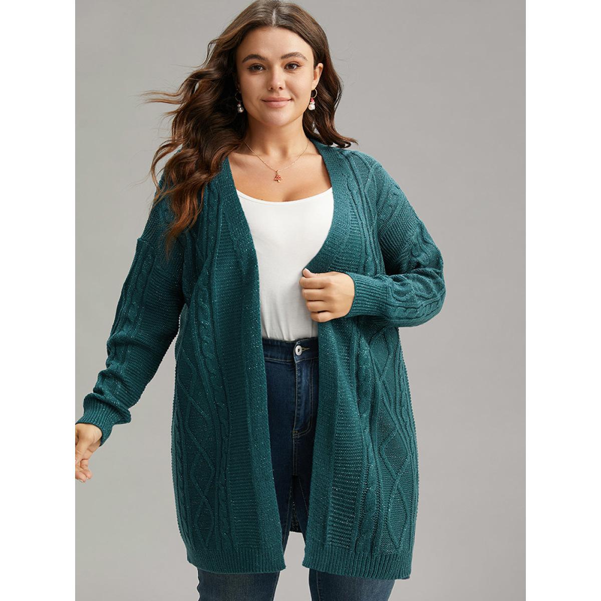 Plus Size Plain Cable Knit Luxe Open Front Cardigan Cyan Women Casual Loose Long Sleeve Dailywear Cardigans BloomChic 22-24/3X Product Image