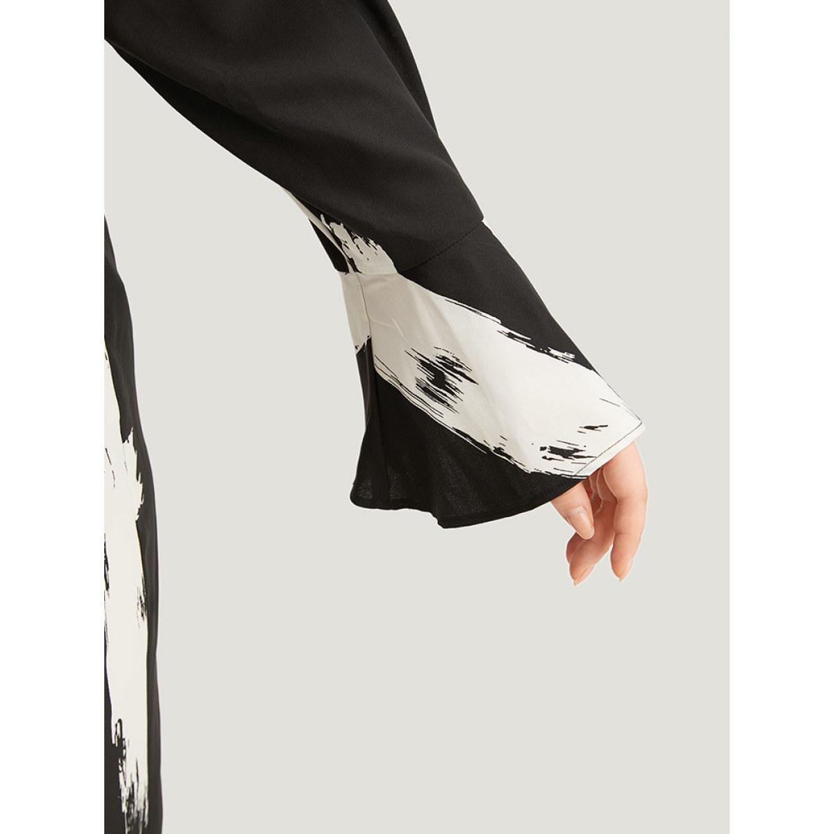 Plus Size BlackFlower Brush Print Button Up Belted Bell Sleeve Jumpsuit Women Office Long Sleeve Shirt collar Office Loose Jumpsuits BloomChic 26/4X Product Image