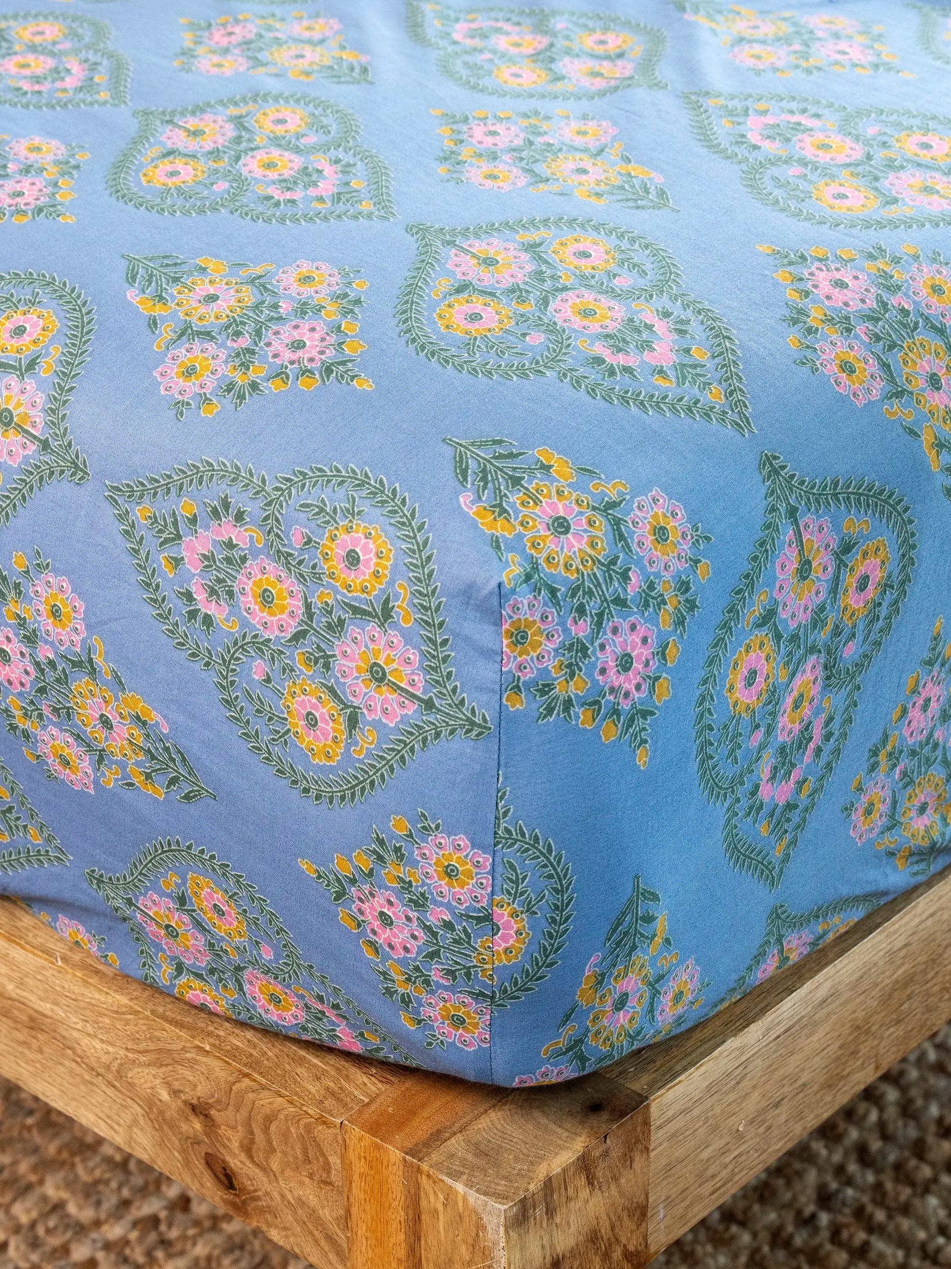 Mix & Match Cotton Flat Sheet - Turquoise Folk Floral Product Image