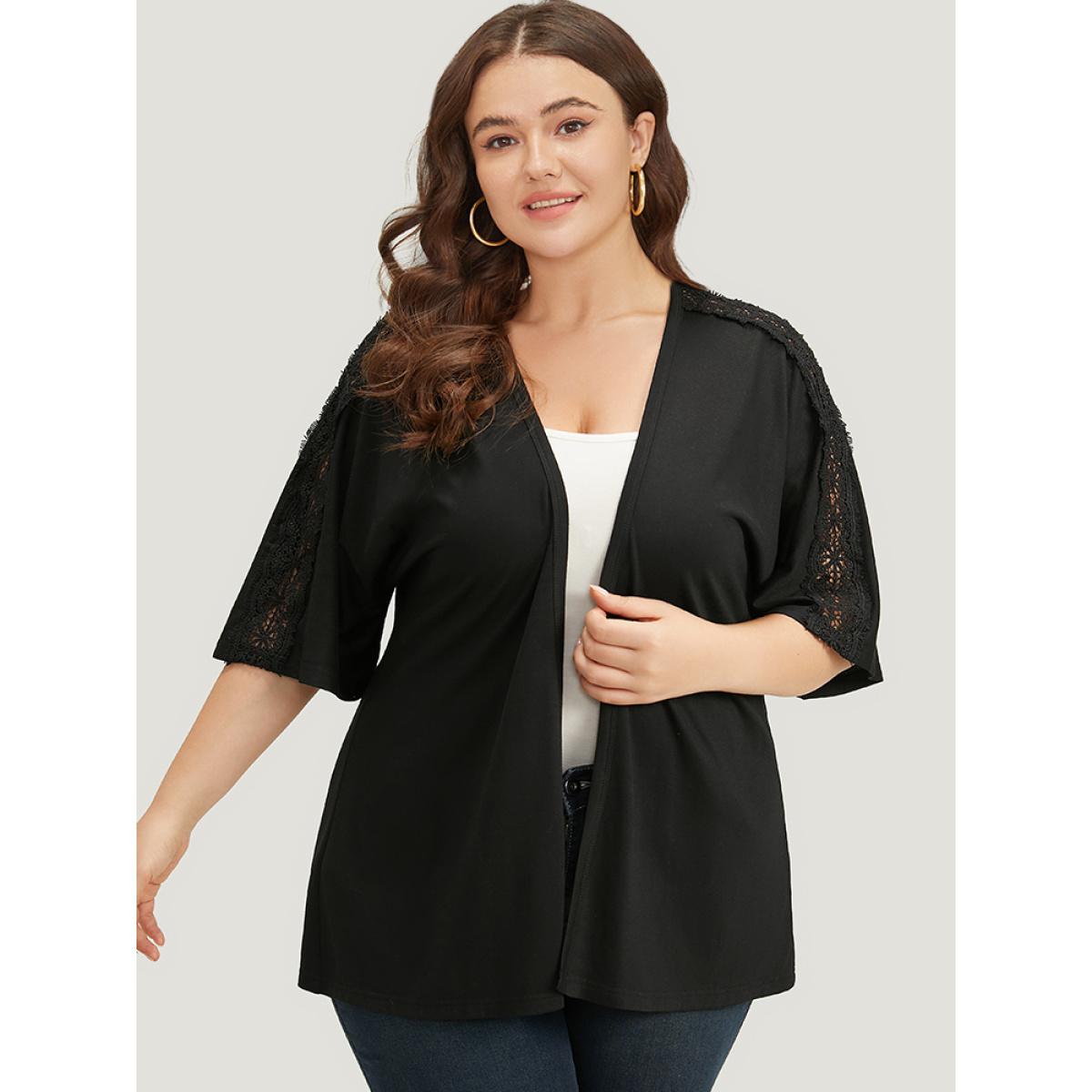 Plus Size Halloween Supersoft Essentials Plain Lace Panel Open Front Kimono Women Black Casual Plain Dailywear Kimonos BloomChic 10/M Product Image