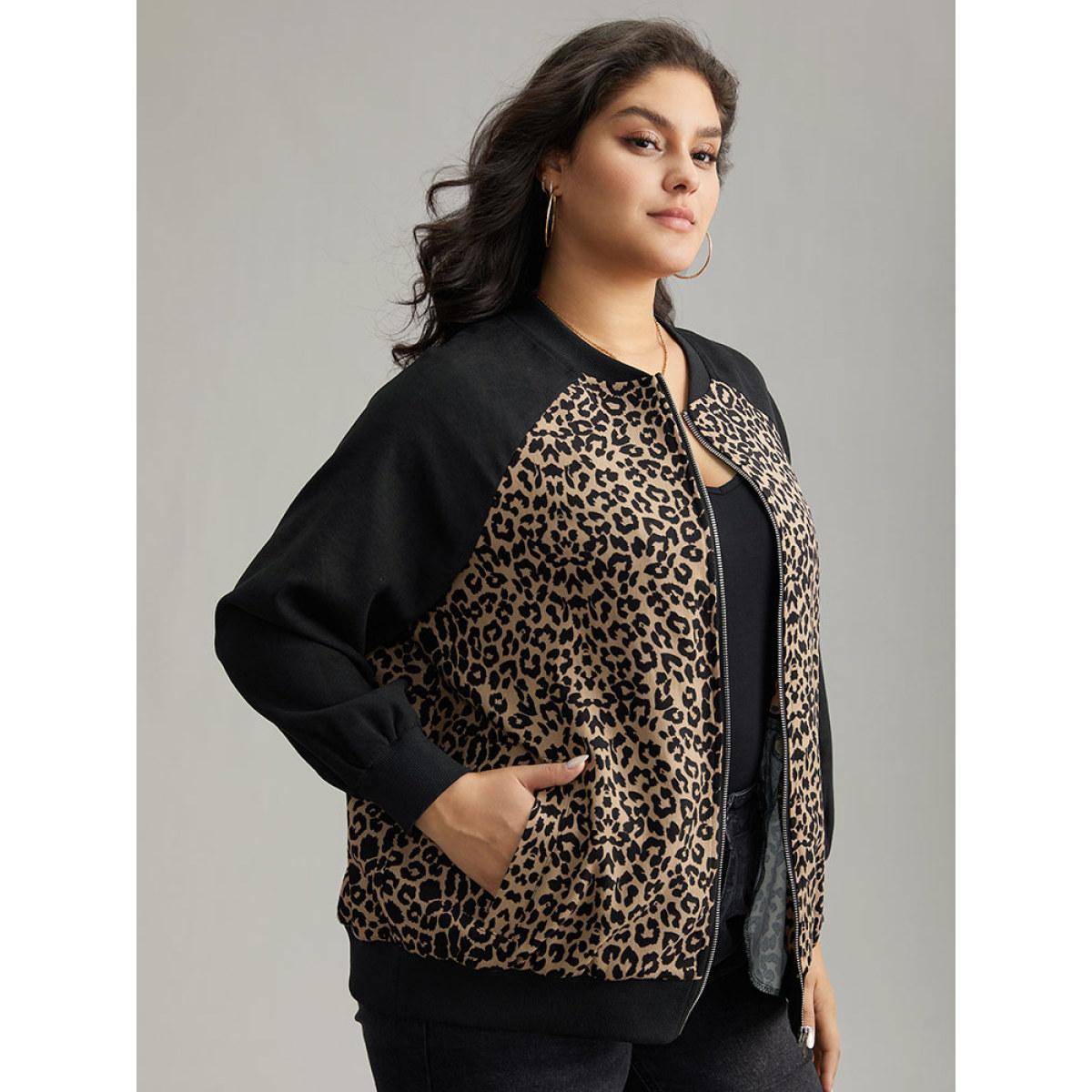 Plus Size Leopard Print Pocket Zipper Bomber Jacket Women Black Contrast Pocket Dailywear Jackets BloomChic 22-24/3X Product Image