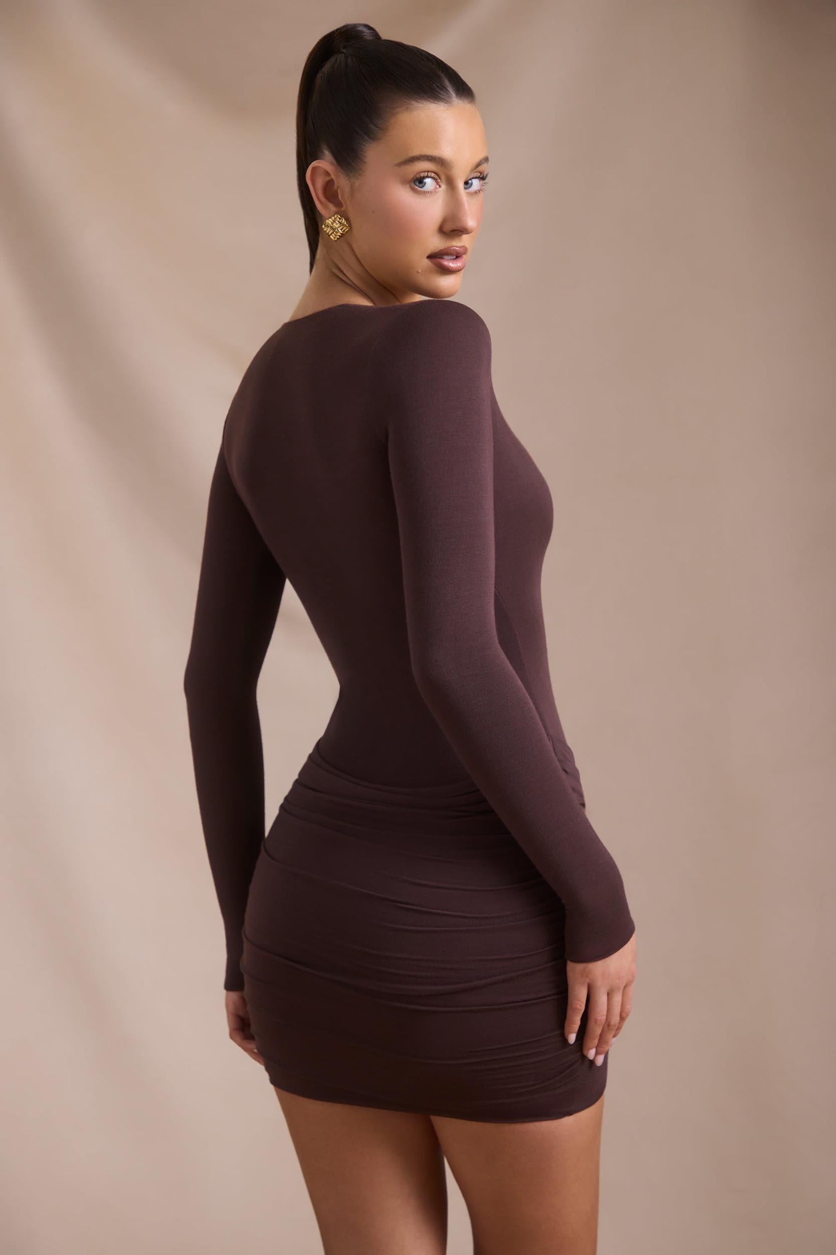 Modal-Cashmere Blend Draped Long-Sleeve Mini Dress in Espresso Product Image