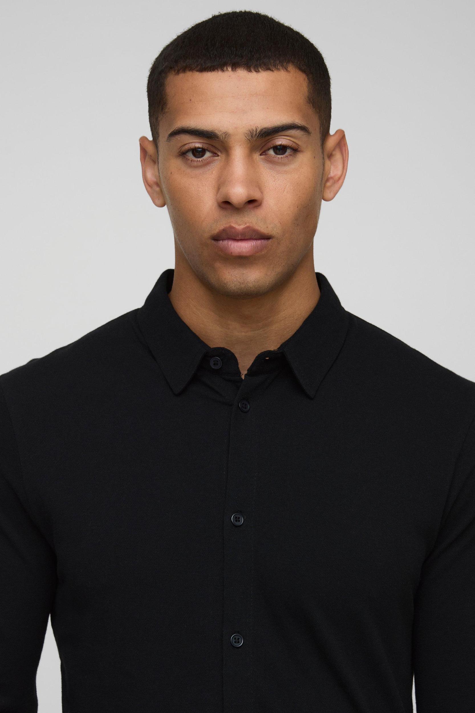 Slim Fit Pique Button Down Collar Jersey Shirt | boohooMAN USA Product Image