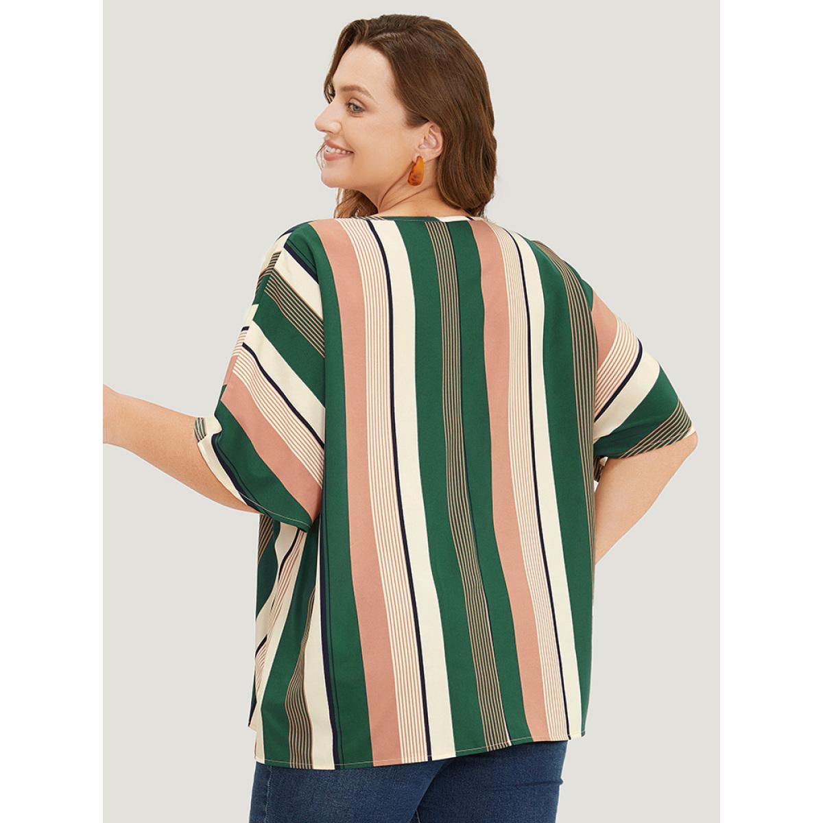 Plus Size Multicolor Striped Print Button Detail Batwing Sleeve Blouse Women Vacation Half Sleeve V-neck Dailywear Blouses BloomChic 10/M Product Image