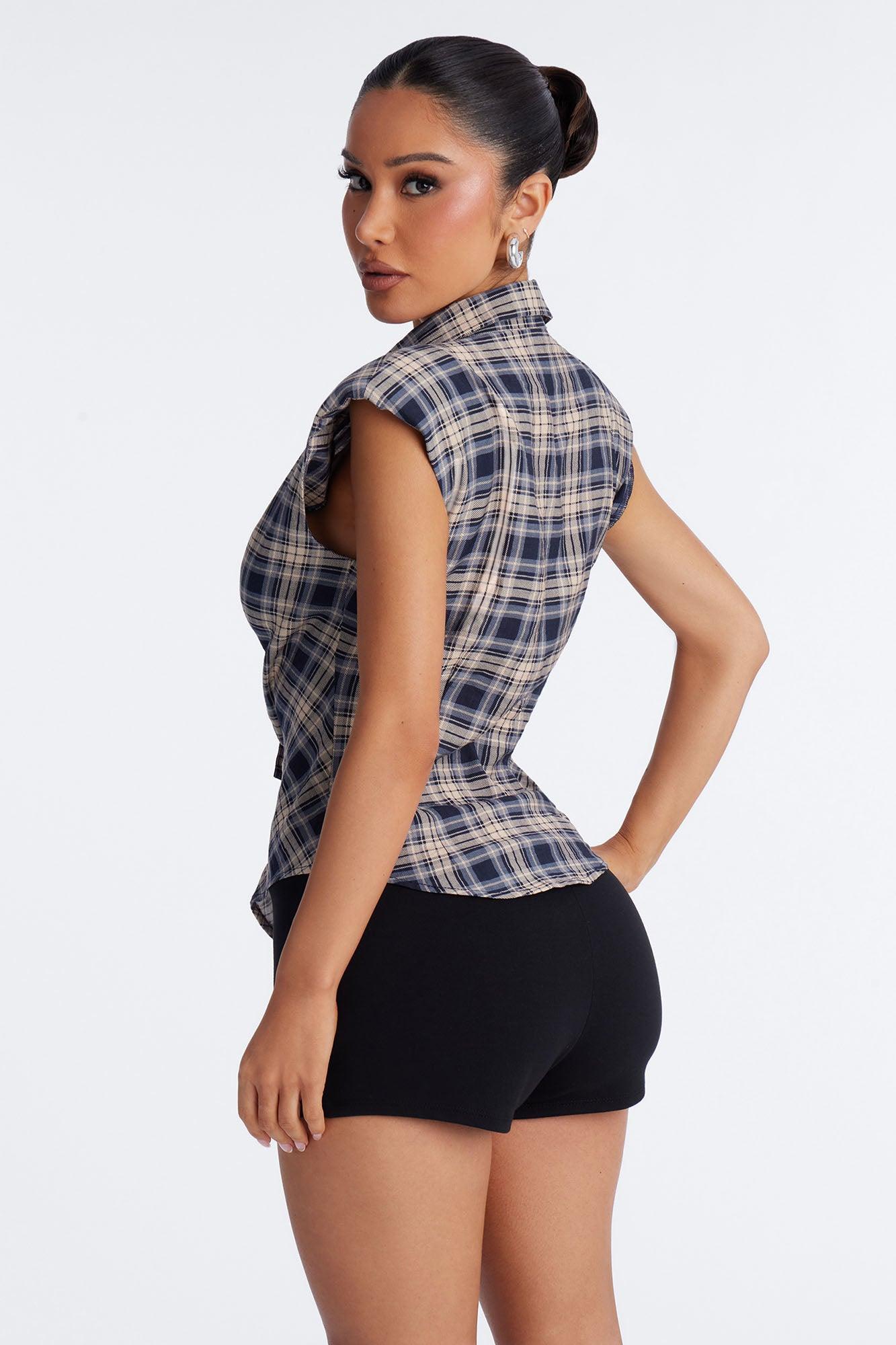 Everyday Checks Shoulder Pads Plaid Shirt - Navy Female Product Image