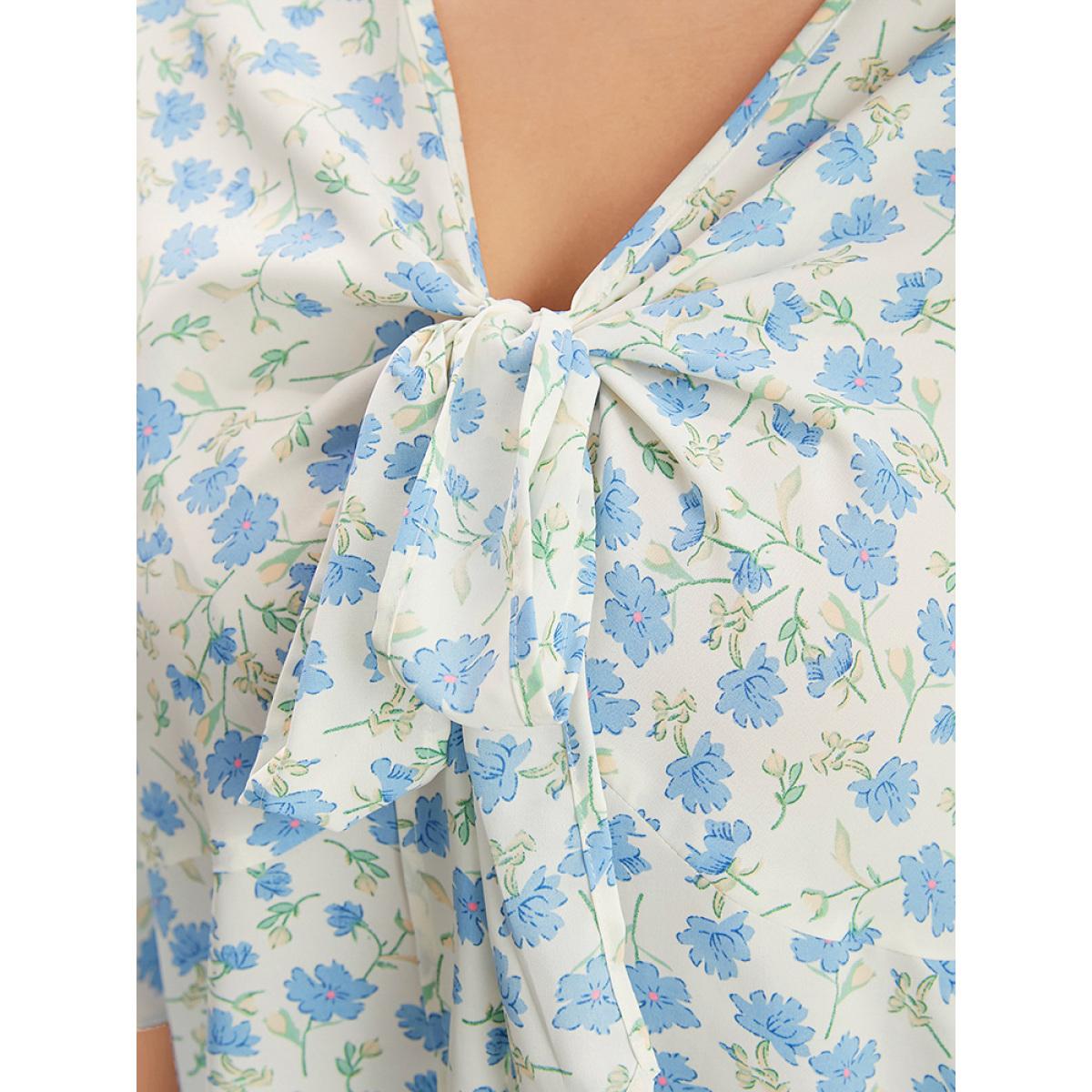 Plus Size White Floral Printed Knotted Front V Neck Ruffle Sleeve Blouse Women Elegant Elbow-length sleeve V-neck Dailywear Blouses BloomChic 26/4X Product Image