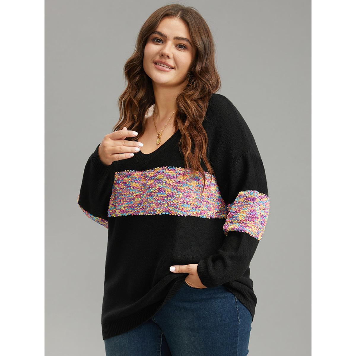 Plus Size Colour Heather Contrast V Neck Pullover Black Women Casual Loose Long Sleeve V-neck Dailywear Pullovers BloomChic 14-16/1X Product Image