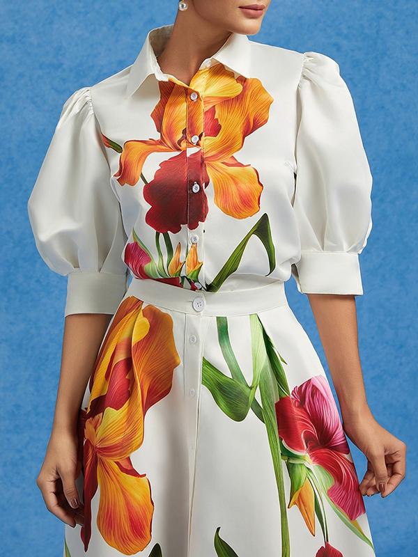Loose Puff Sleeves Floral Printed Pleated Split-Joint Lapel Blouses&Shirts Tops Product Image