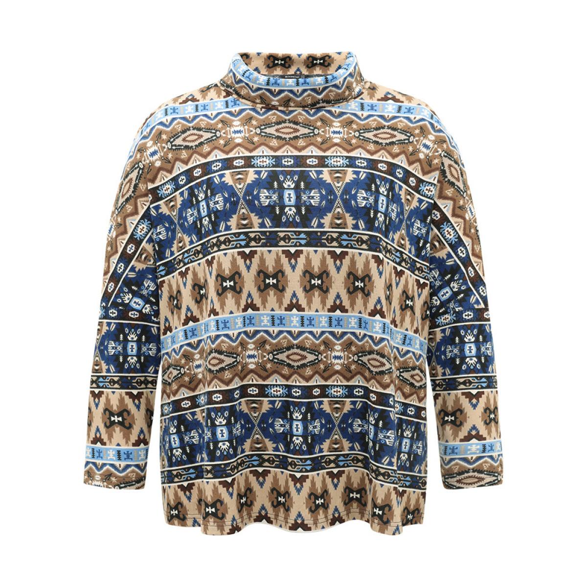 Plus Size Bandana Print Turtleneck Split Hem T-shirt Indigo Women Casual Printed Bohemian Print Turtleneck Dailywear T-shirts BloomChic 14-16/1X Product Image