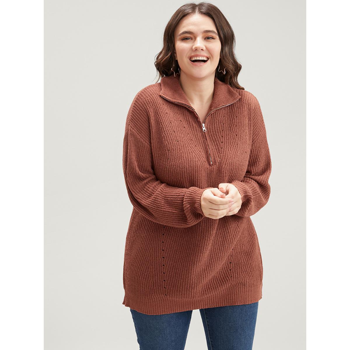 Plus Size Solid Super Soft Knit Zipper Mock Neck Eyelet Knit Top Bronze Women Casual Loose Long Sleeve Mock Neck Dailywear Pullovers BloomChic 14-16/1X Product Image