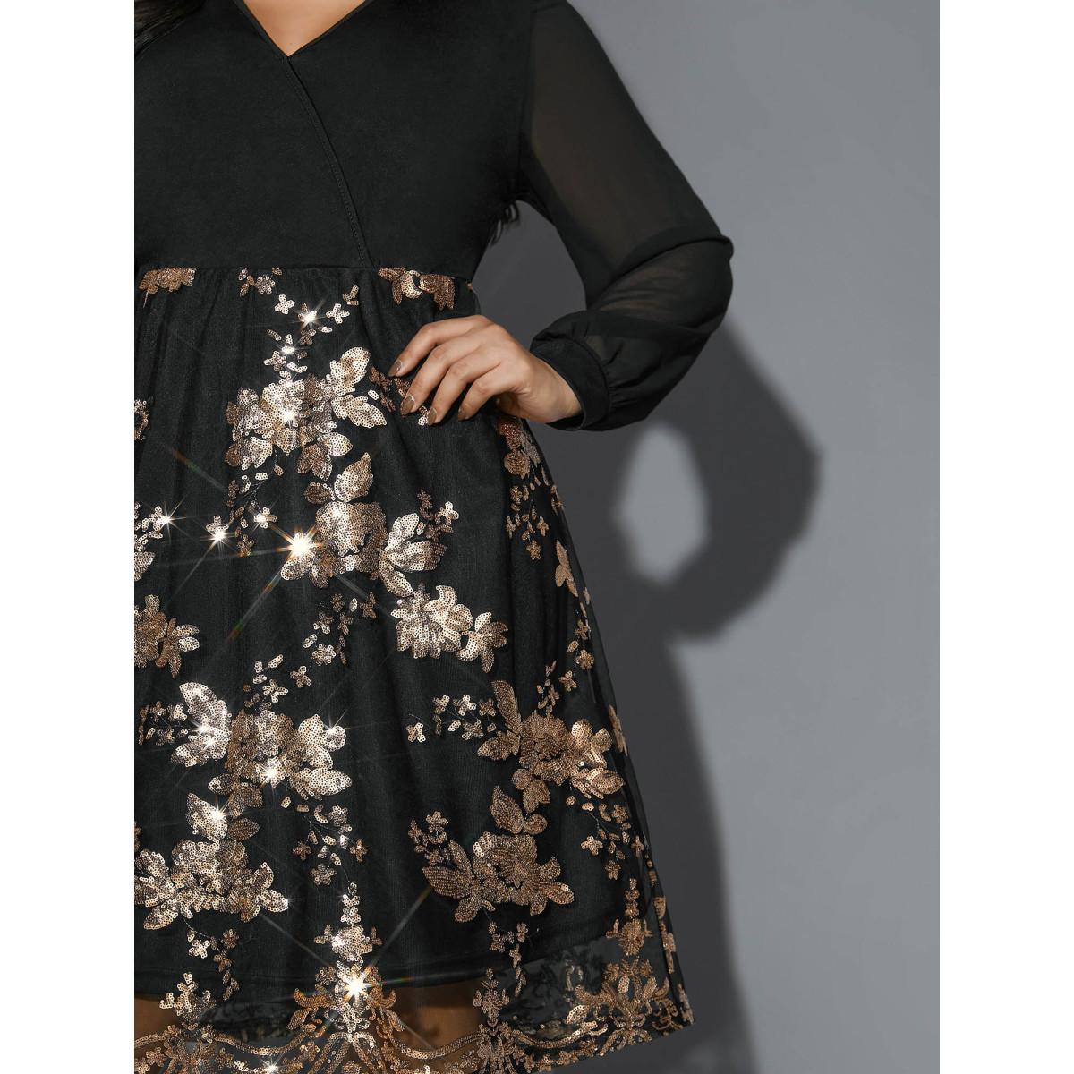 Plus Size Sequin Overlap Collar Sheer Sleeve Lined Dress Black Women Cocktail Texture Party Curvy Bloomchic 18-20/2X Product Image