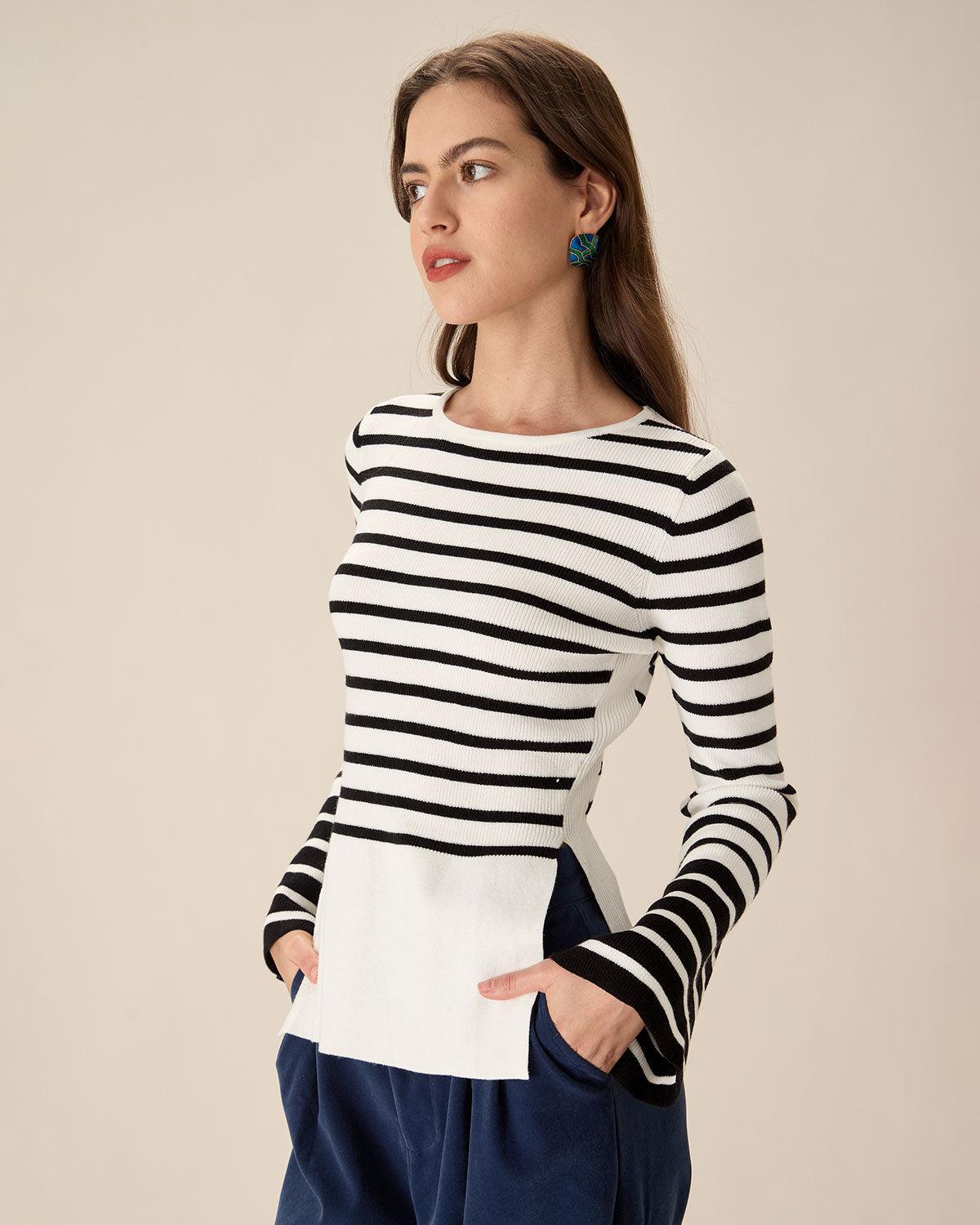 White Striped Boat Neck Sweater Product Image