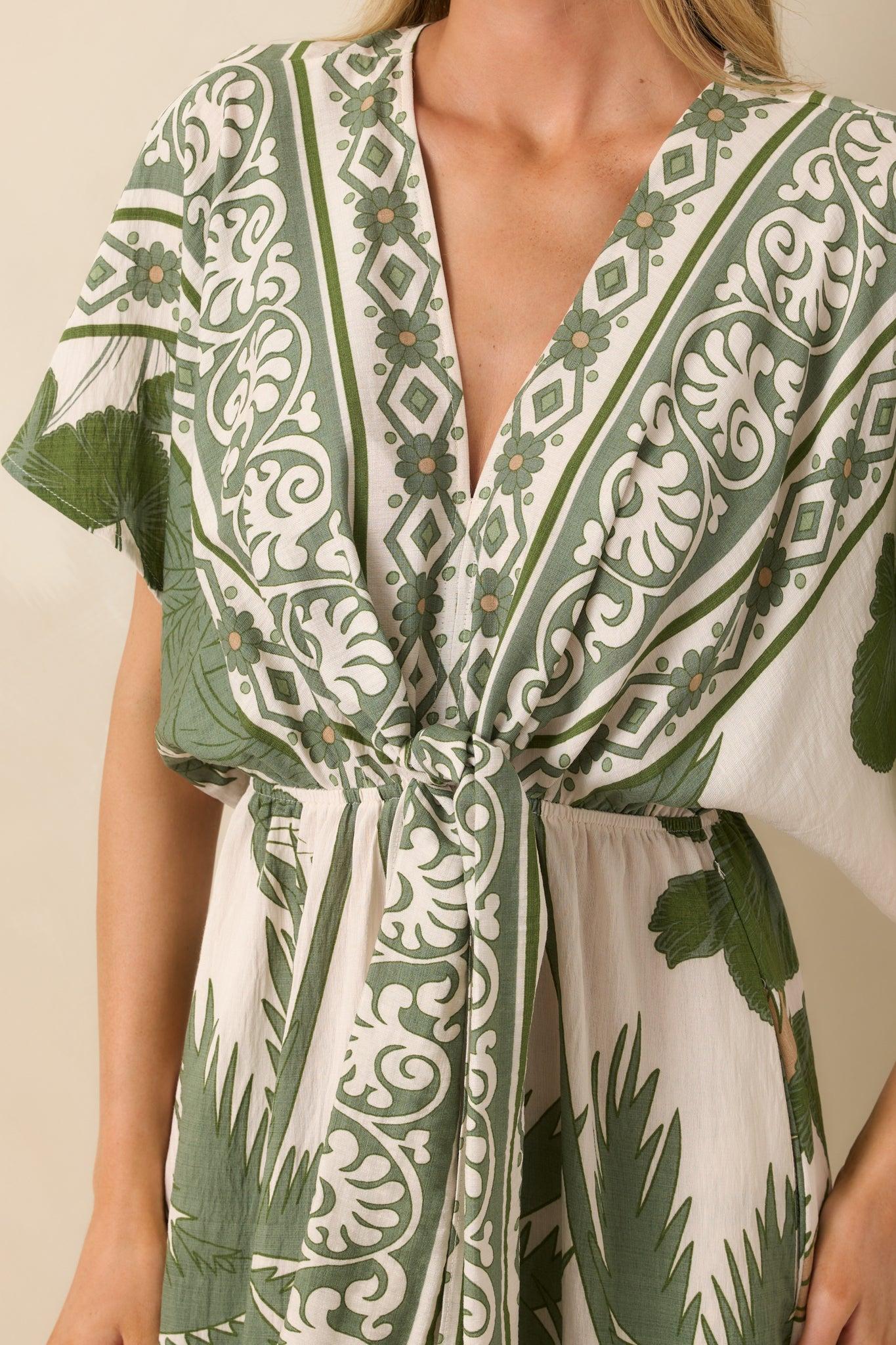 Leave Them Guessing Green Multi Tropical Print Jumpsuit Product Image