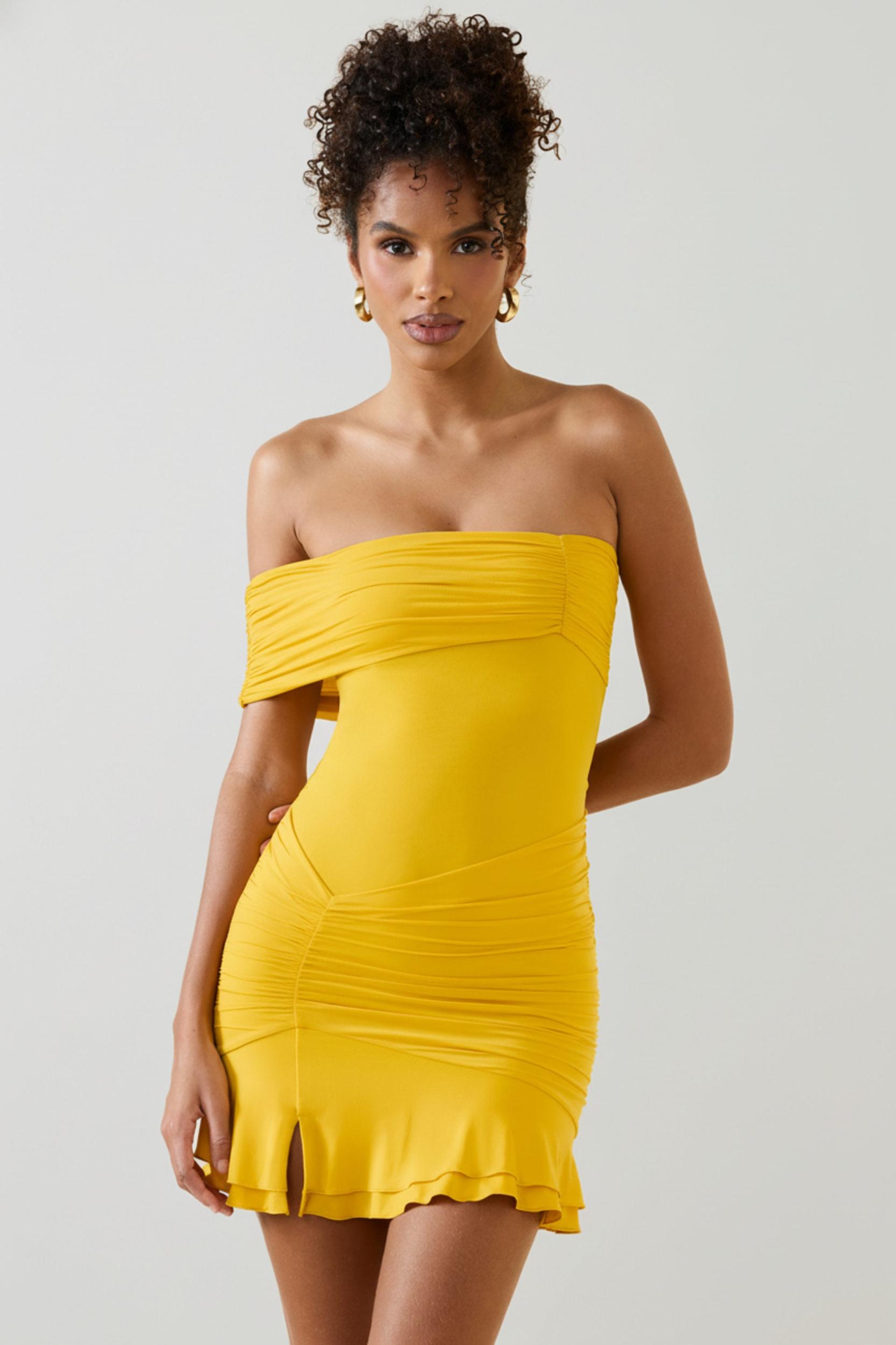 Asymmetric Ruched One-Shoulder Mini Dress in Golden Yellow Product Image