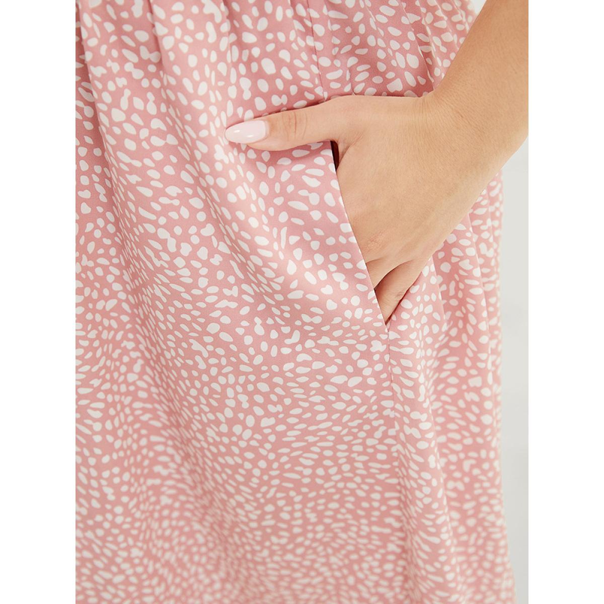 Plus Size Leopard Ruffle Trim Pocket Shirred Puff Sleeve Dress DustyPink Women Elegant Lined V-neck Short sleeve Curvy Midi Dress BloomChic 26/4X Product Image